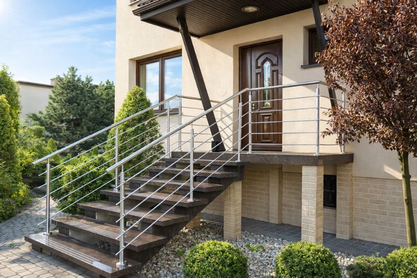 Zewnętrzne schody wejściowe z balustradą inox